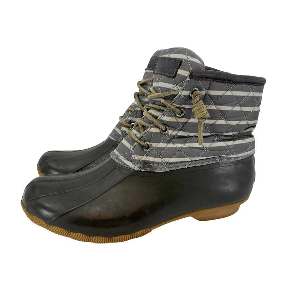 Sperry Saltwater Duck Boots Size 8 Gray Stripe Quilted Waterproof Side Zip